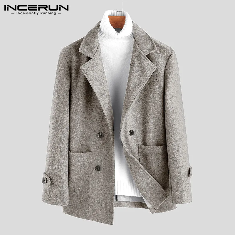 INCERUN, мужские длинные куртки, пальто, двубортные, повседневные, мужские, s, шерстяные пальто, модные, чистый цвет, тренд, Классический Комфорт, шерстяное пальто