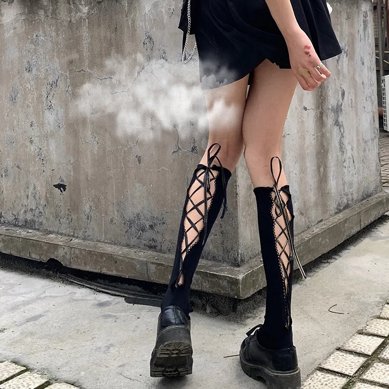 

Women Japanese Lolita Harajuku White Cross Strap Hollow Out Ladies Calf Black JK Cosplay Anime Pile Socks