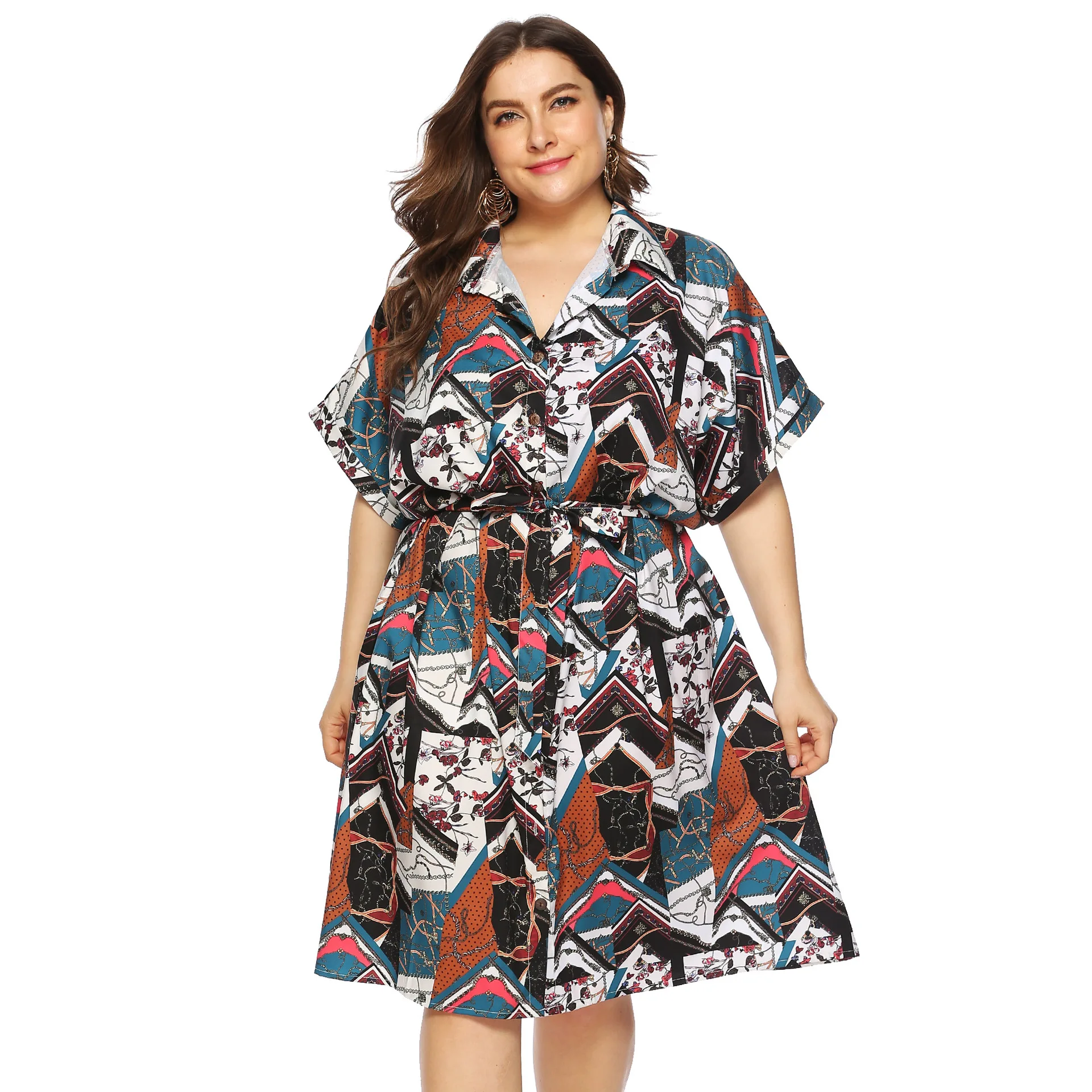 

Large Size Retro Dress Printed Lace up Loose Short Sleeve Cardigan Shirt Cardigan Dresses For Women Sexy Clothes Casual Female