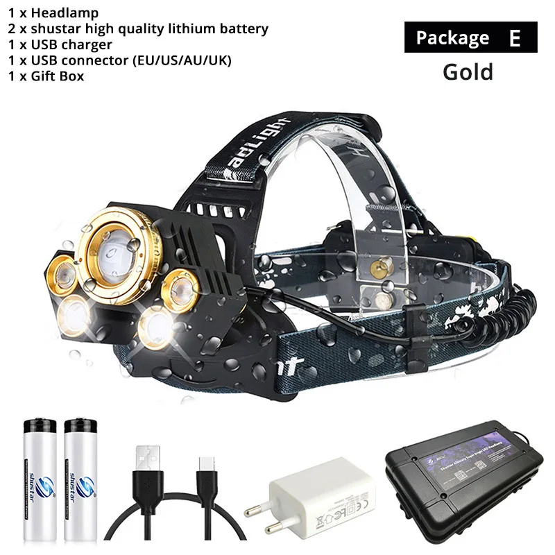 Package E-Gold Мощный светодиодный налобный фонарь вращающийся зум водонепроницаемый головной светильник с использованием антибликовых линз белый/желтый/синий светильник 18650 для рыбалки - Испускаемый цвет: Package E-Gold
