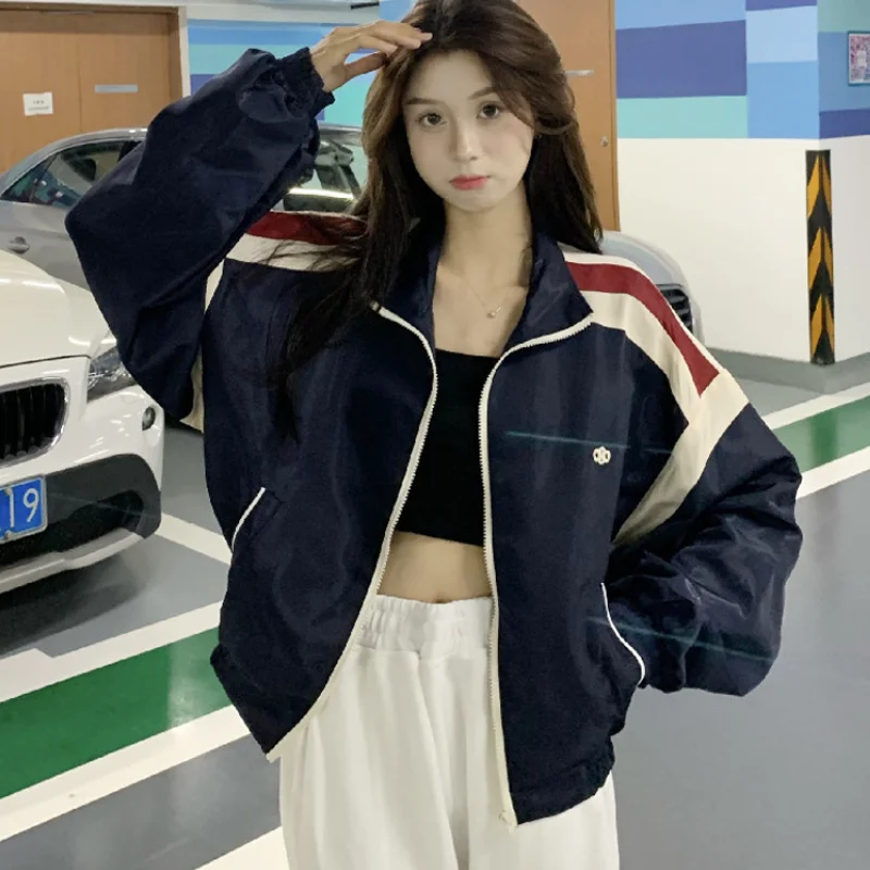 

Women Jacket Autumn 2021 New Korean Fashion Wild Loose Casual Stand Collar Stitching Contrast Design Zipper Long-sleeve Jackets