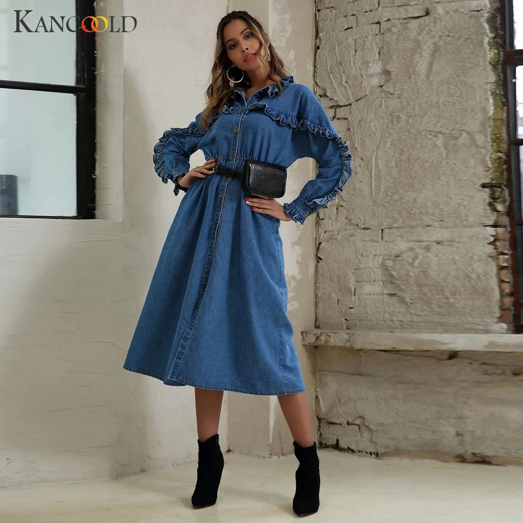 

KANCOOLD dress Womens Denim Lace-up Ruffled Button Long Sleeve Large Sleeve Long Dress Empire fashion new dress women 2019Sep9