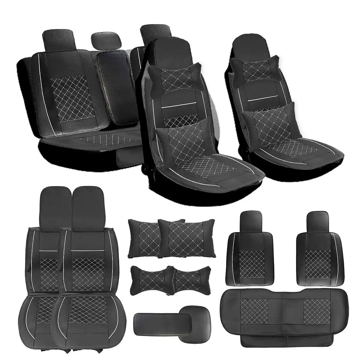 

5-Seats Car Seat Cover and Pillow Set Airbag Compatible PU Car Seat Protector Cushion Autos Universal Interior Accessories