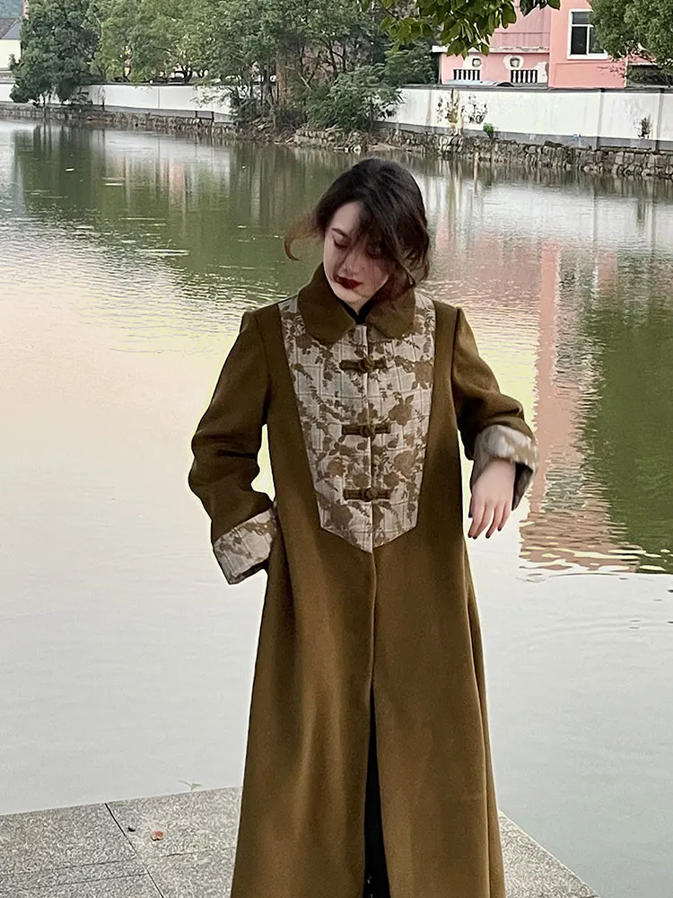 Новое желтое шерстяное пальто в китайском стиле с листочками женское новое