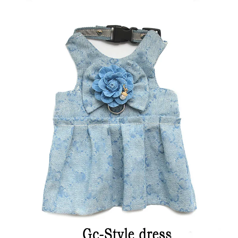 Dress Роскошная кровать для собаки кошки жгут поводок для собак, поводок для собак, автоматический поводок жилет платье дизайнерские модные регулируемые малых и средних джинсовый для щенков, собак с цветочным принтом жгут - Цвет: Dress