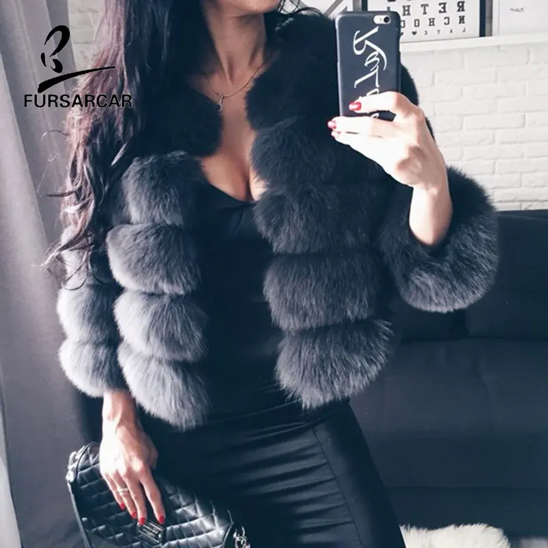 Женское короткое пальто с натуральным мехом FURSARCAR зимняя куртка лисьим толстая