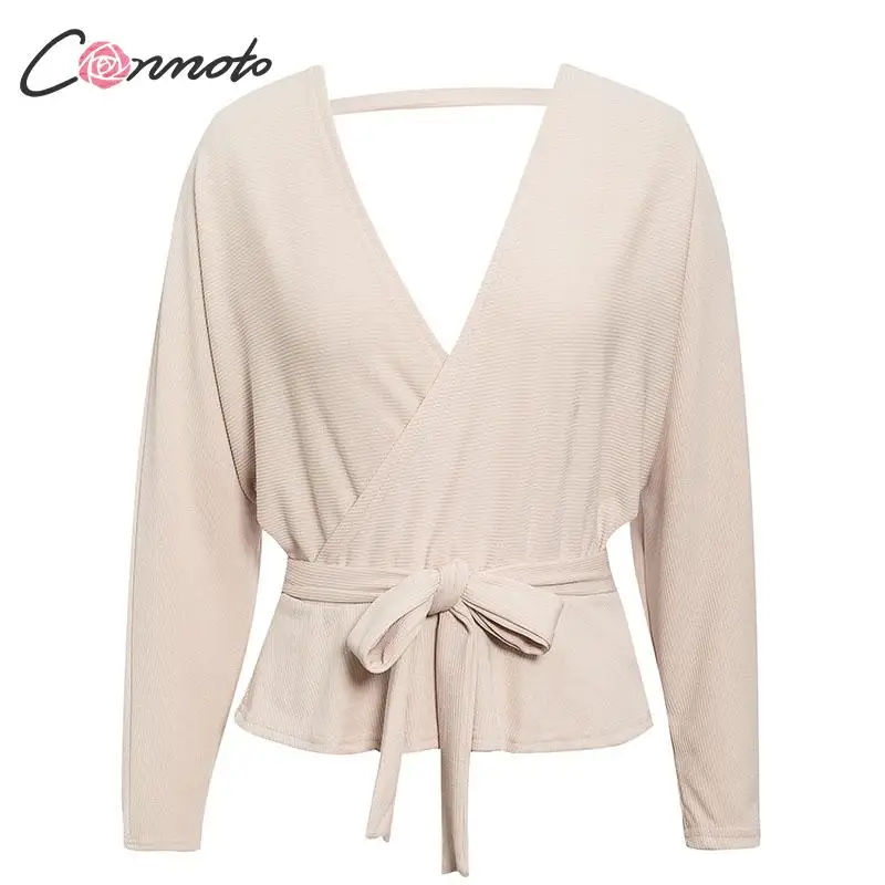 Conmoto Backless Wrap Casual Solid Pink Sexy Sweater Women Autumn Winter 2019 Bow Knitted Femme Pullovers | Женская одежда