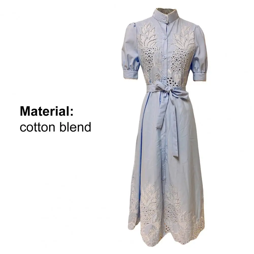 

2021 Summer Women Party Dresses Fashion Women Dress Embroidery Stand Collar Short Sleeve Single-breasted Hollow Out Shirt Dress