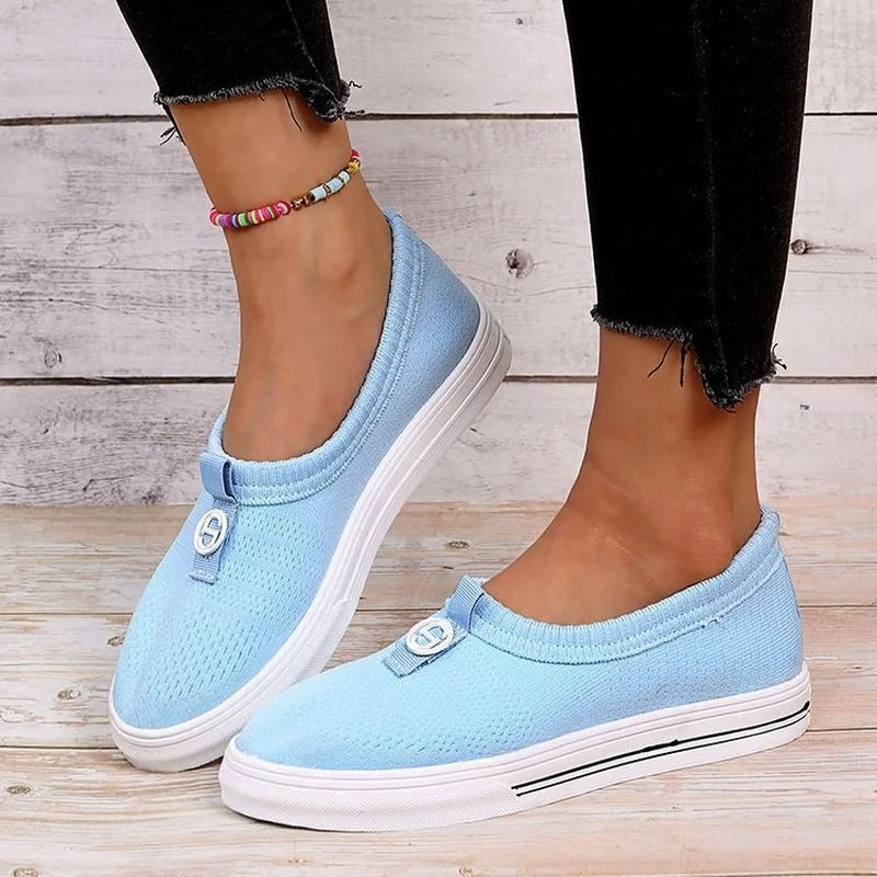 

Mesh Knitted Women's Sports Shoes Pure Color Simple Flat Casual Shoes Lightweight Breathable Vulcanized Shoes Single Shoes 2021