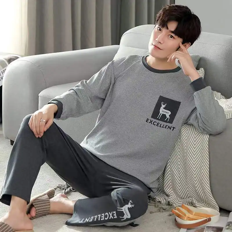 Spring Autumn Pajama Set For Men Round Neck  2-Piece Set Long-Sleeved Trousers Lounge Sleepwear Pyjamas Home Clothes Homewear