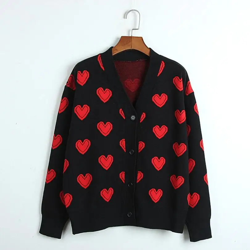 

Love Heart Pattern warm Sweater Women 2020 Autumn Winter New Elegant Knitting Vintage V Neck Loose thick Cardigans Coat p1926