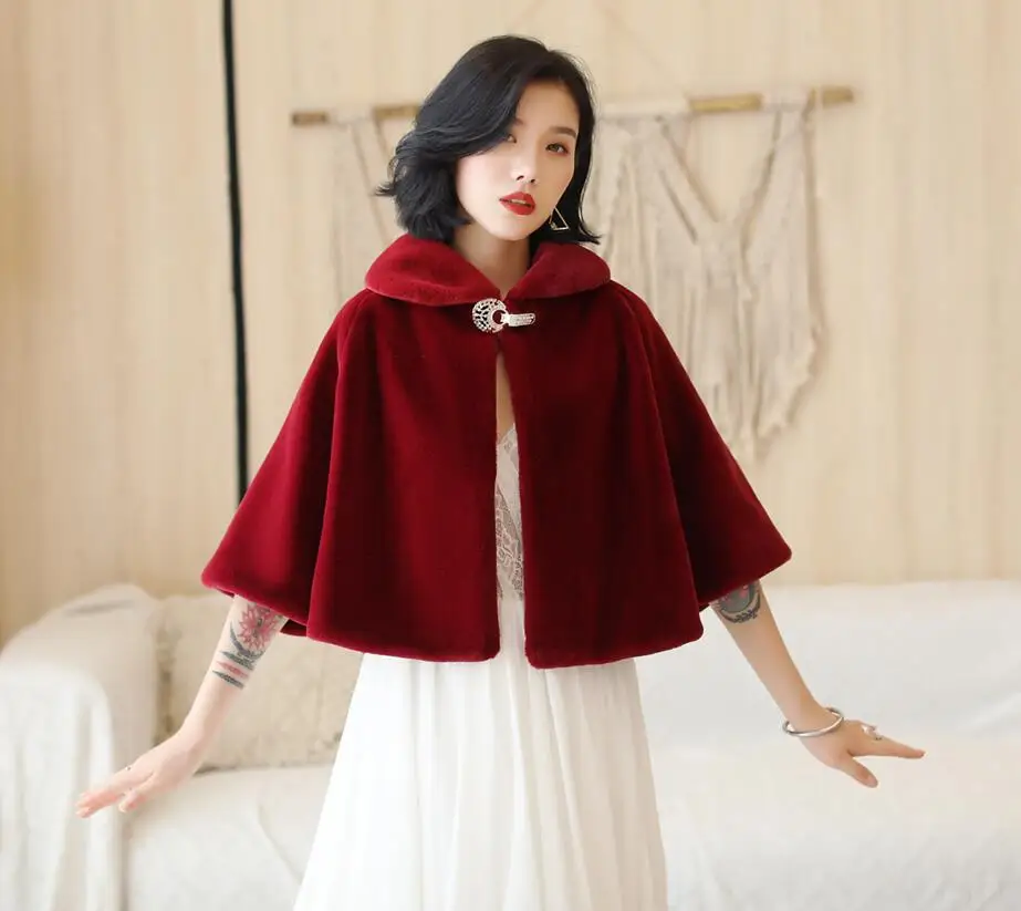 Wine Red As Photo SHAMAI бордовый искусственный мех зимняя Свадебная накидка теплое меховое Болеро для невесты накидка вечерний жакет Свадебный жакет вечерние платья с брошью - Цвет: Wine Red As Photo