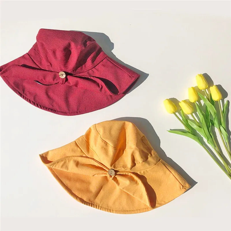 

Summer Foldable Bucket Hat Women Outdoor Sunscreen Cotton Beach Button Bow Cap Casual Sun Prevent Hats