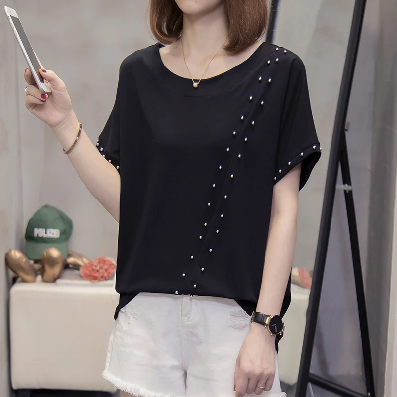 

Plus Size 2XL 3XL 4XL 2021 Summer Women Beading Solid Short Sleeves O-Neck T-Shirt Female Tees Womens Casual Loose Tops