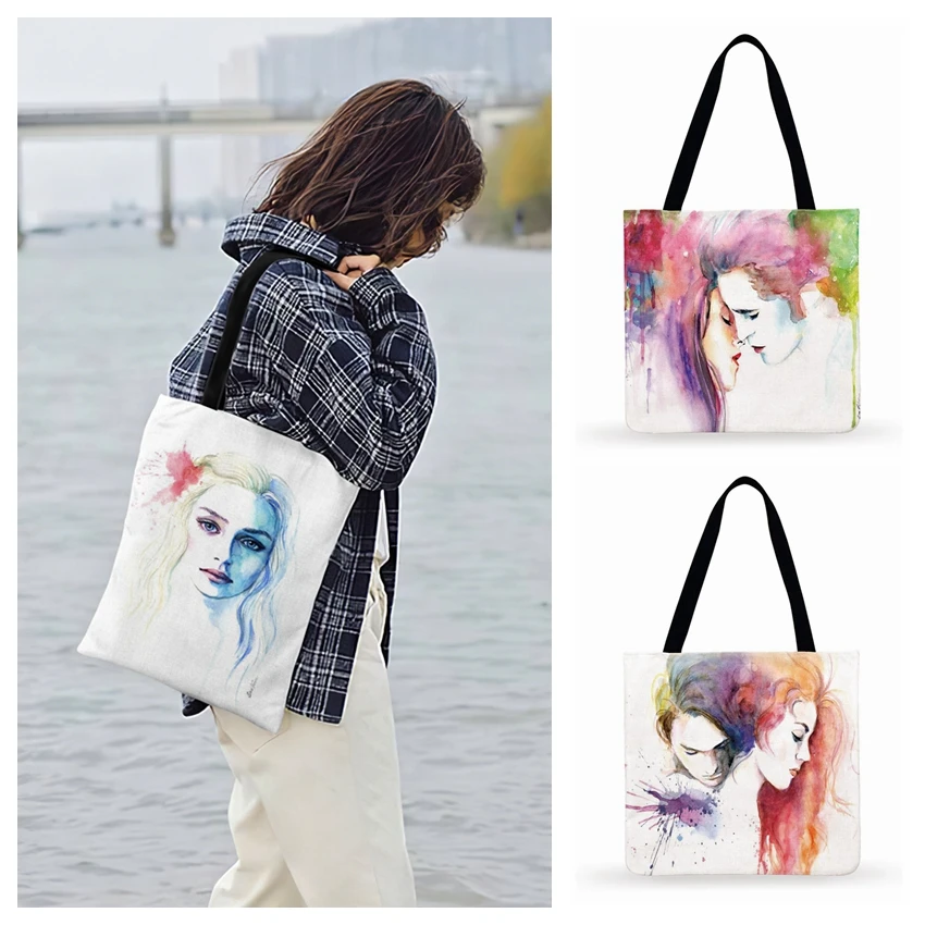 

Ladies Shoulder Bag Watercolor Art Figures Painting Print Tote Bag For Women Casual Tote Fashion Beach Bag Foldable Shopping Bag