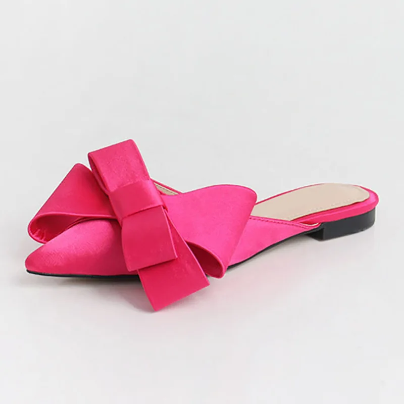 

2019 Summer Women Shoes Korean Silk Satin Pointed Toe Bow Tie Slippers Baotou Flat Heel Slides Slip on Semi Slippers Outside