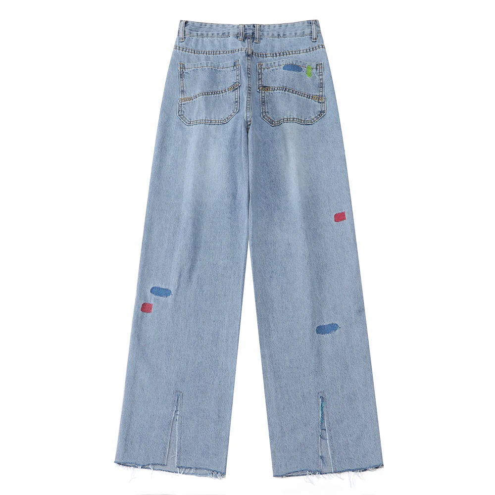 

Women's Jeans 2021 Spring Casual Harajuku Streetwear High Waist Denim Trouser Vintage Embroidery Femme Wide Leg Split Pants