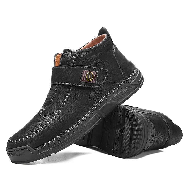 

Autumn Winter Fashion Men's Leather Boots Handmade Hook-loop Men Black Boots Outdoor Comfort High top Male Casual Shoes Size 48