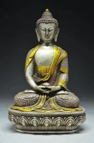 8 19 дюйма/Изысканная Китайская древняя белая медная статуя Будды Шакьямуни | Дом и