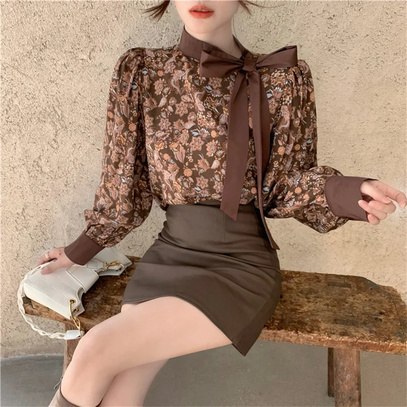 

Spring Women Korean Sweet Blouse Shirt Female Bow Long Sleeve Printing Casual Vintage Elegant Office Ladies Bandage Bowknot Tops