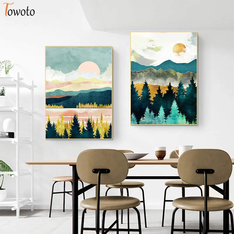 Абстрактный пейзаж холст живопись Постер для дома печать акварель лес закат