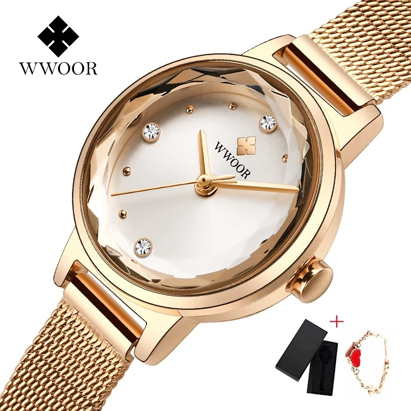Rose White WWOOR, роскошные женские часы из розового золота, водонепроницаемые женские кварцевые часы из нержавеющей стали с сетчатым ремешком, повседневный браслет, Подарочная коробка - Цвет: Rose White