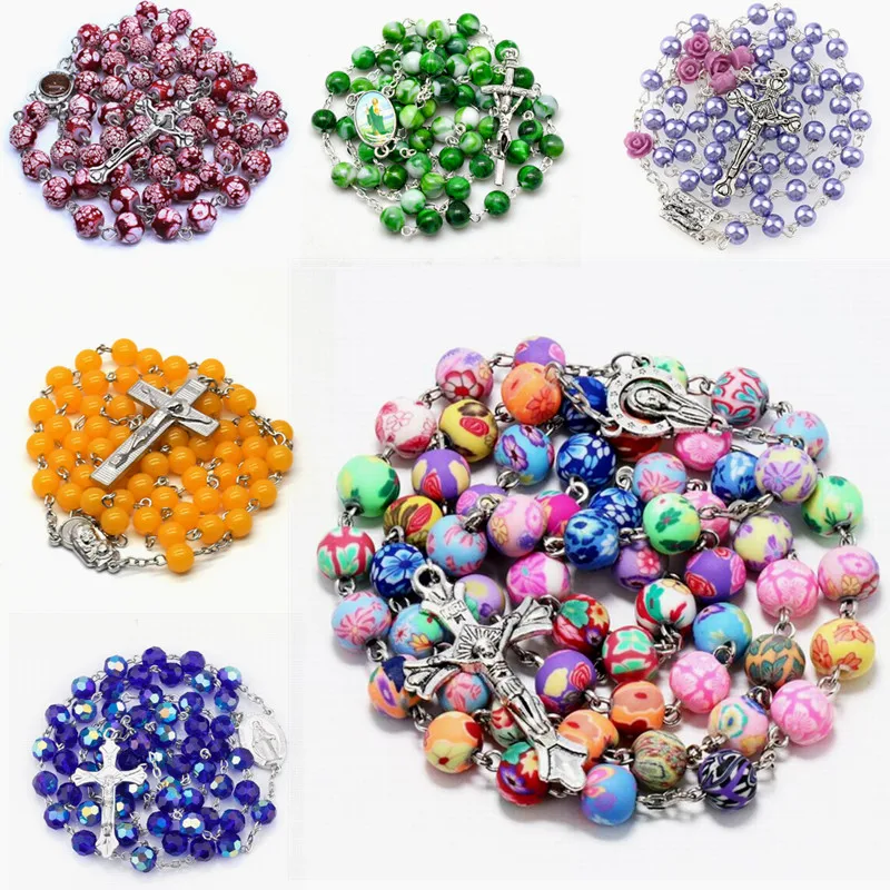 

Colorful Jesus Cross Rosary Long Imitation Pearl Necklaces Beaded Stylish Christian Unisex Mala Praying Jewelry