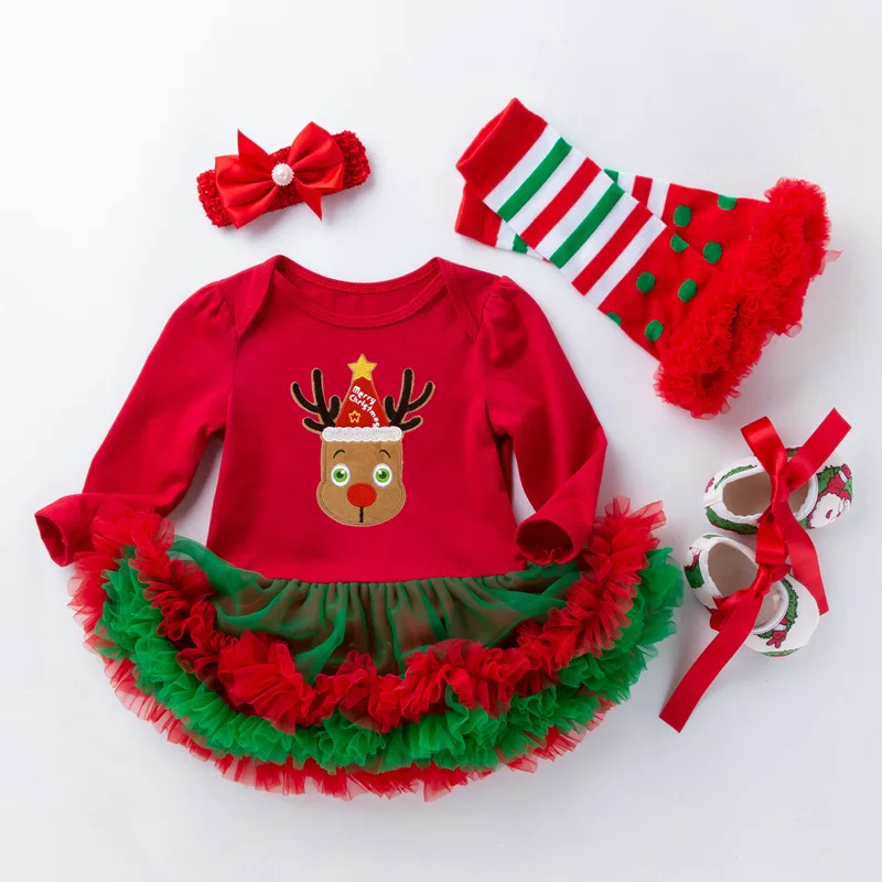 Baby Girl Dress Set My First Christmas Costume Tutu Dresses NewbornToddler Girls Outfits 4pcs Red Romper Shoes Headband Socks | Детская