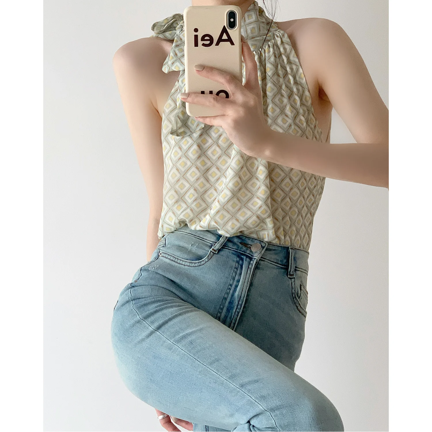 

Женская футболка в клетку без рукавов, свободный облегающий топ с открытыми плечами и вырезом на плечах из французского шифона, лето 2021