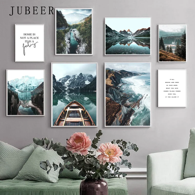 

Nordic Style Forest Mountain Lake Poster Famous Scenery Canvas Print Nature Landscape Art Painting Wall Picture Home Decoration