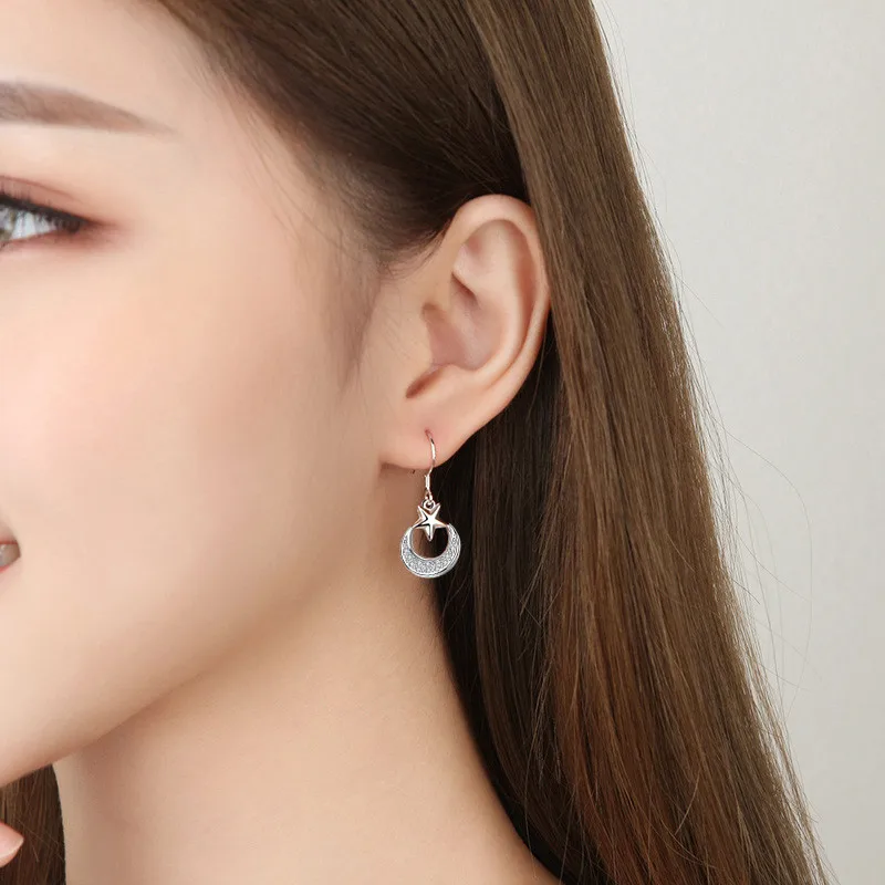 

Trendy Silver Plated Earrings For Girls Bride Wedding Jewelry Fashion Zircon Moon Star Earring Princess Birthday Gift