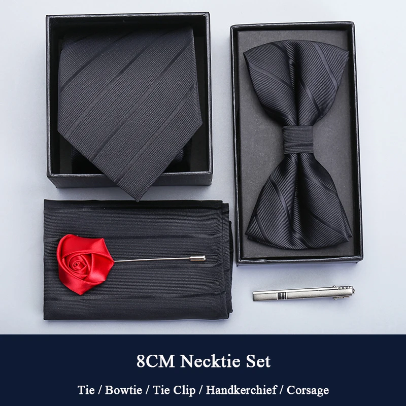 

New High Quality Luxury Men Tie Set with Necktie Bowtie Corsage Pocket Square and Tie Clip Business Meeting Black Blue Male Gift