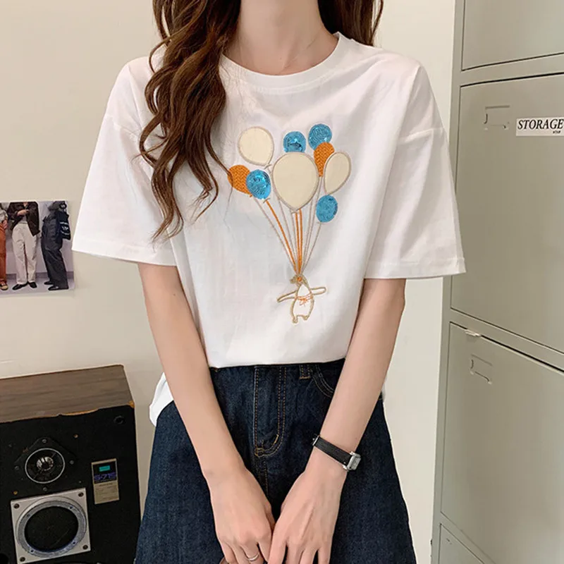 

Top Women's t-shirts summer traf beige casual round neck pullover T-shirts harajuku sweet cartoon sequined balloon woman tshirts