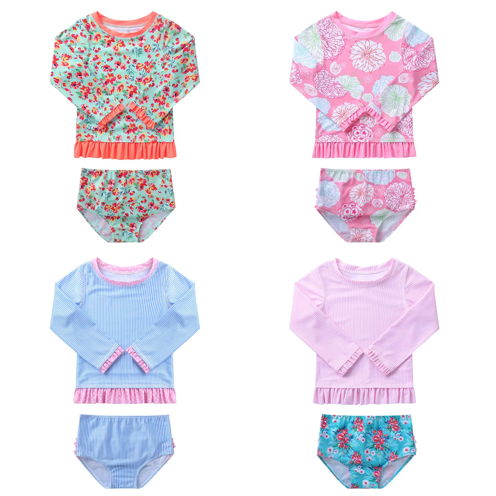 Summer 2 Piece Suits Beach Swimwear Baby Girls Brazilian Swimsuits Bikinis Set Long Sleeve Rashguard with Ruffle Bikini Panties