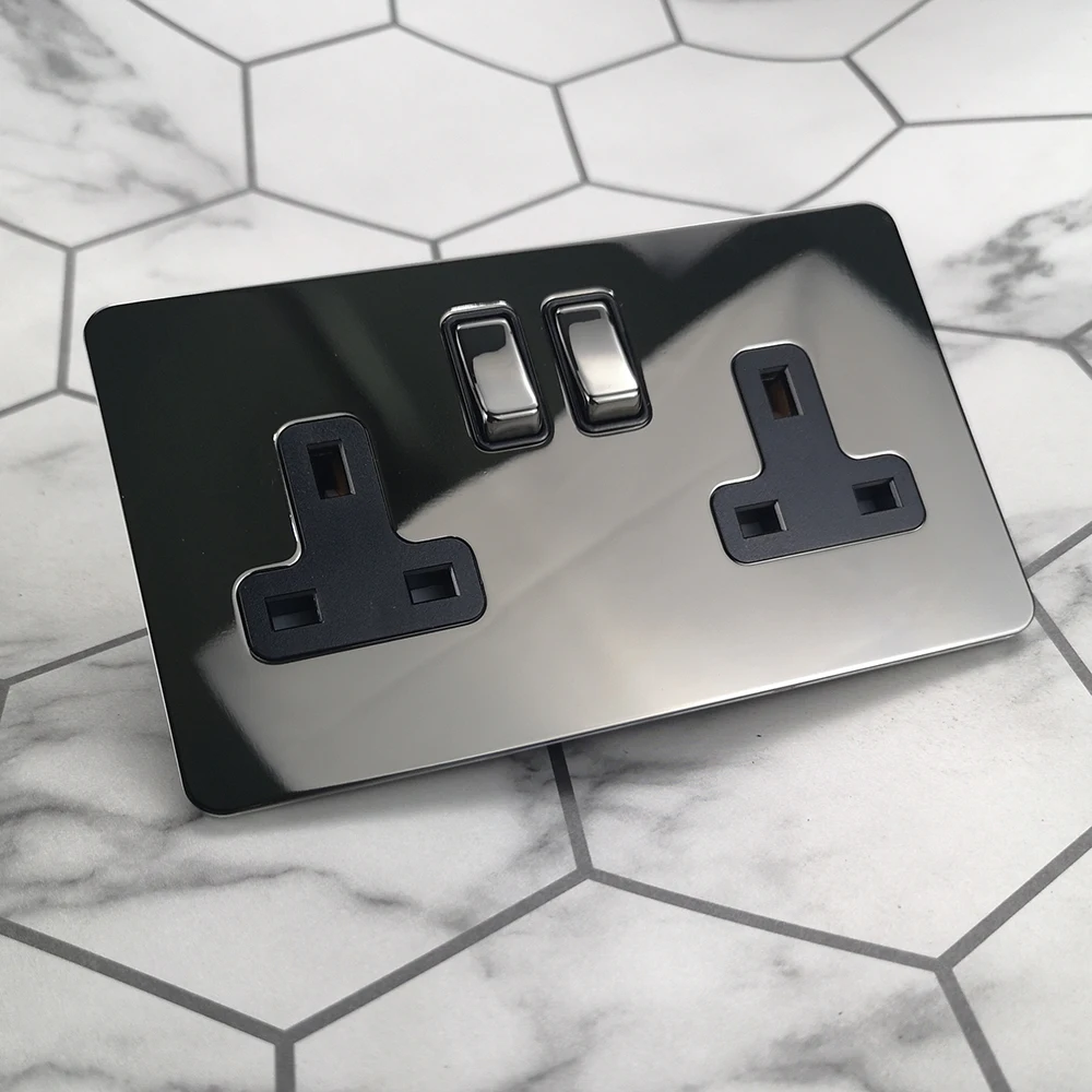 Wallpad двойной 3 Pin 13A DP переключатель розетка Великобритания BS1363 черный никель