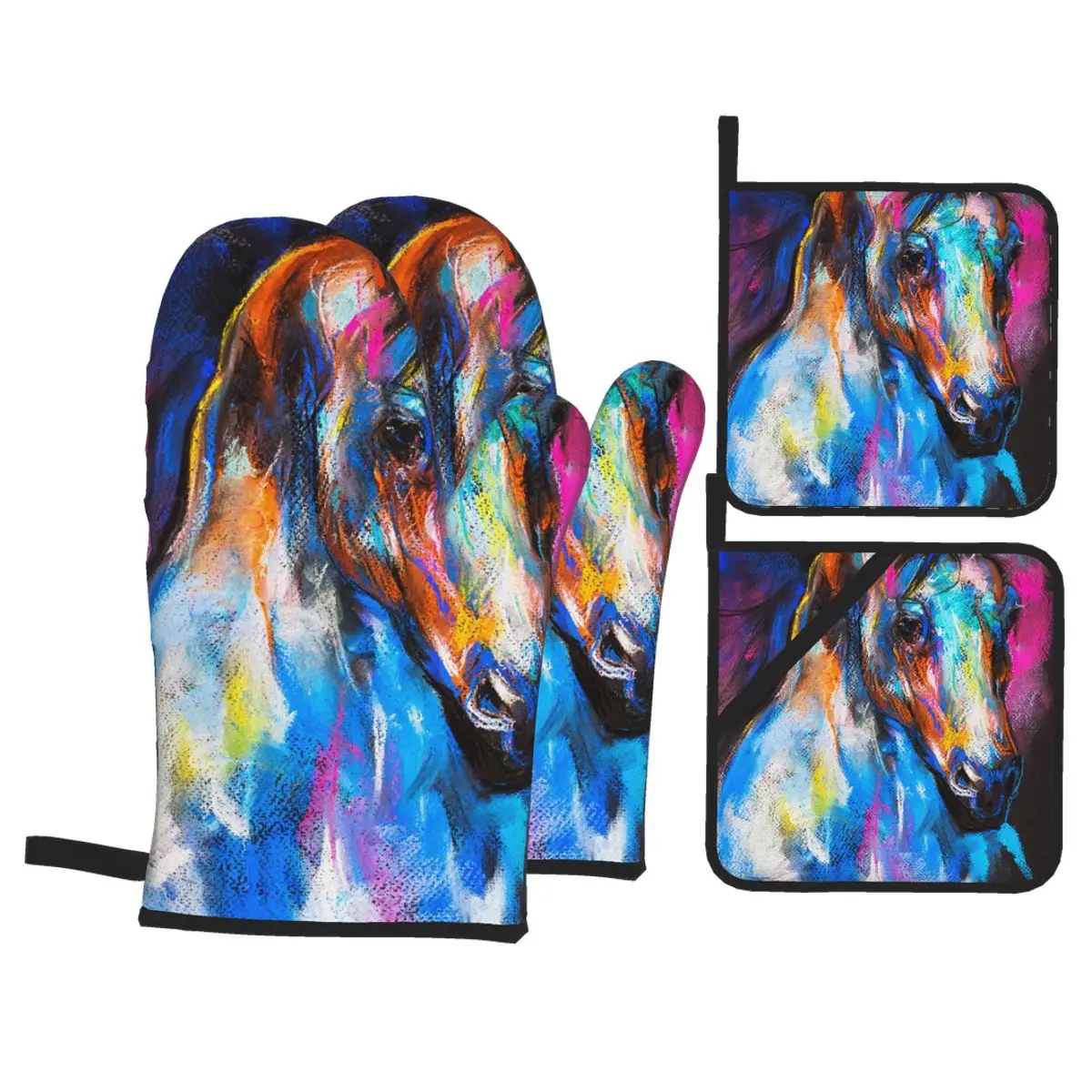 

4pcs Kitchen Gloves Insulation Pad Cooking Microwave Gloves Horse Pastel Painting Baking BBQ Oven Potholder Pad Oven Mitts