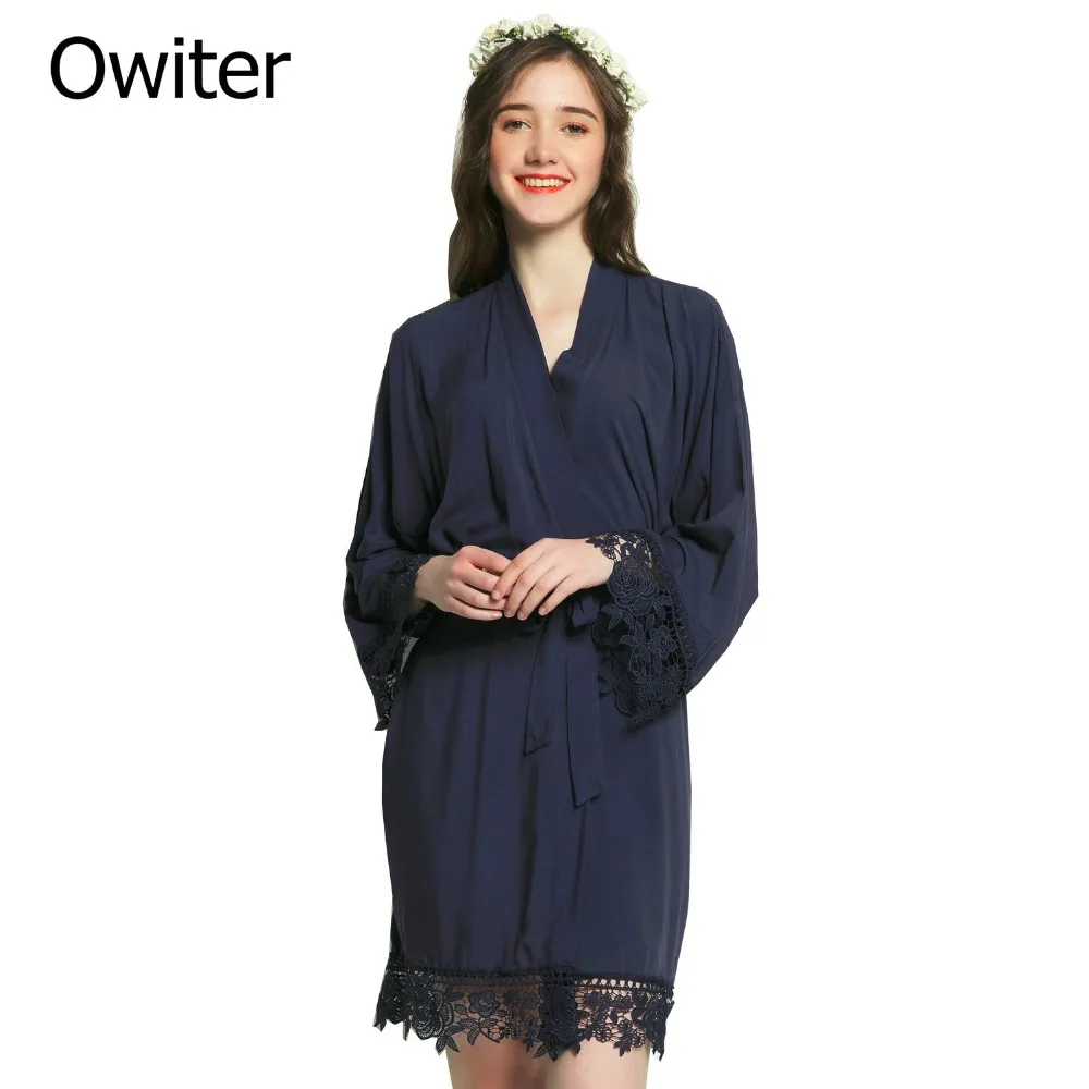 Новое однотонное хлопковое кимоно с кружевной отделкой женский свадебный халат