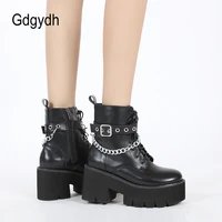 gdgydh women sexy chain ankle goth platform boots zipper boots comfort womens punk shoes footwear black leather plus size 43