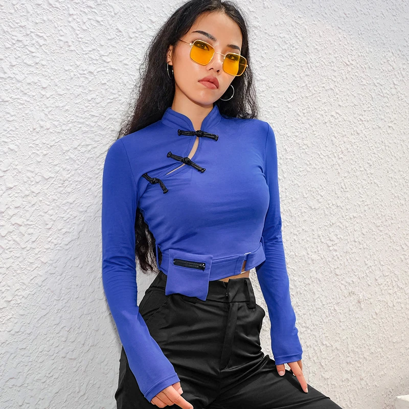 

Women Chinese Style Long Sleeve t shirt Knitted Spring Autumn Cropped High Street tshirt Removable Pocket Crop Top