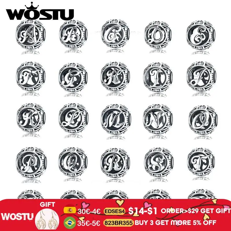 WOSTU Настоящее серебро 925 пробы модные с буквенным A Z бусины очаровательные