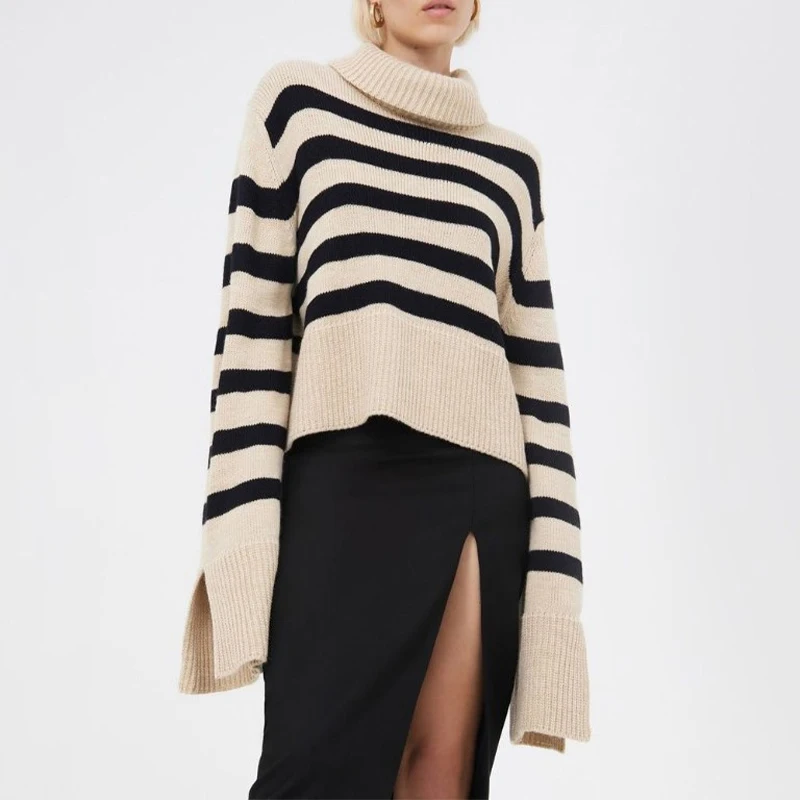 Женский трикотажный свитер в полоску повседневный Свободный пуловер с высоким