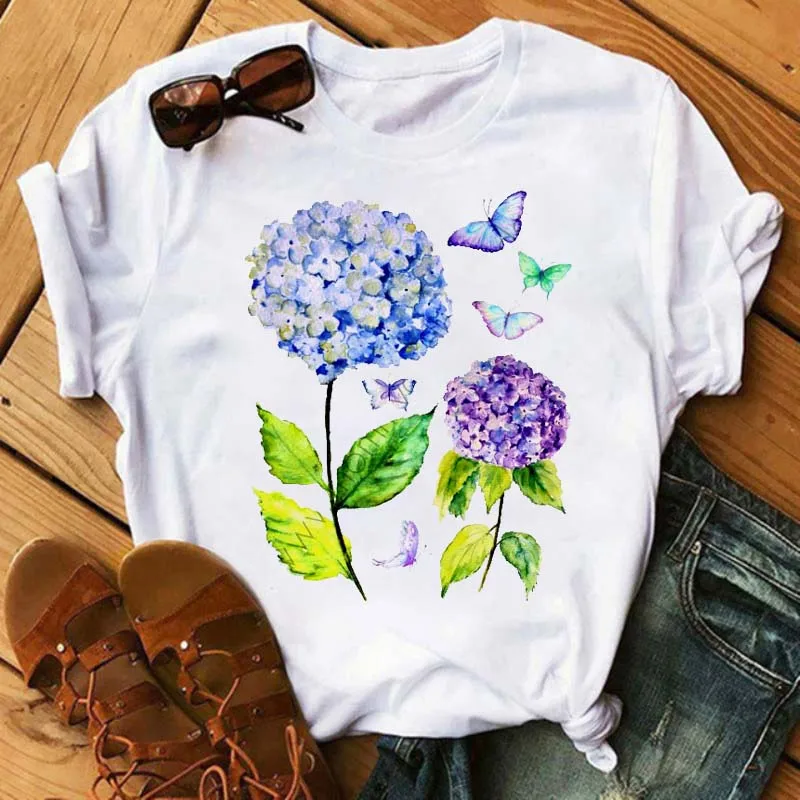 

New Korean Women T Shirt Fashion Flower Print Vintage Tshirt Funny T-shirt Harajuku Summer Tee Shirt Femme Tops