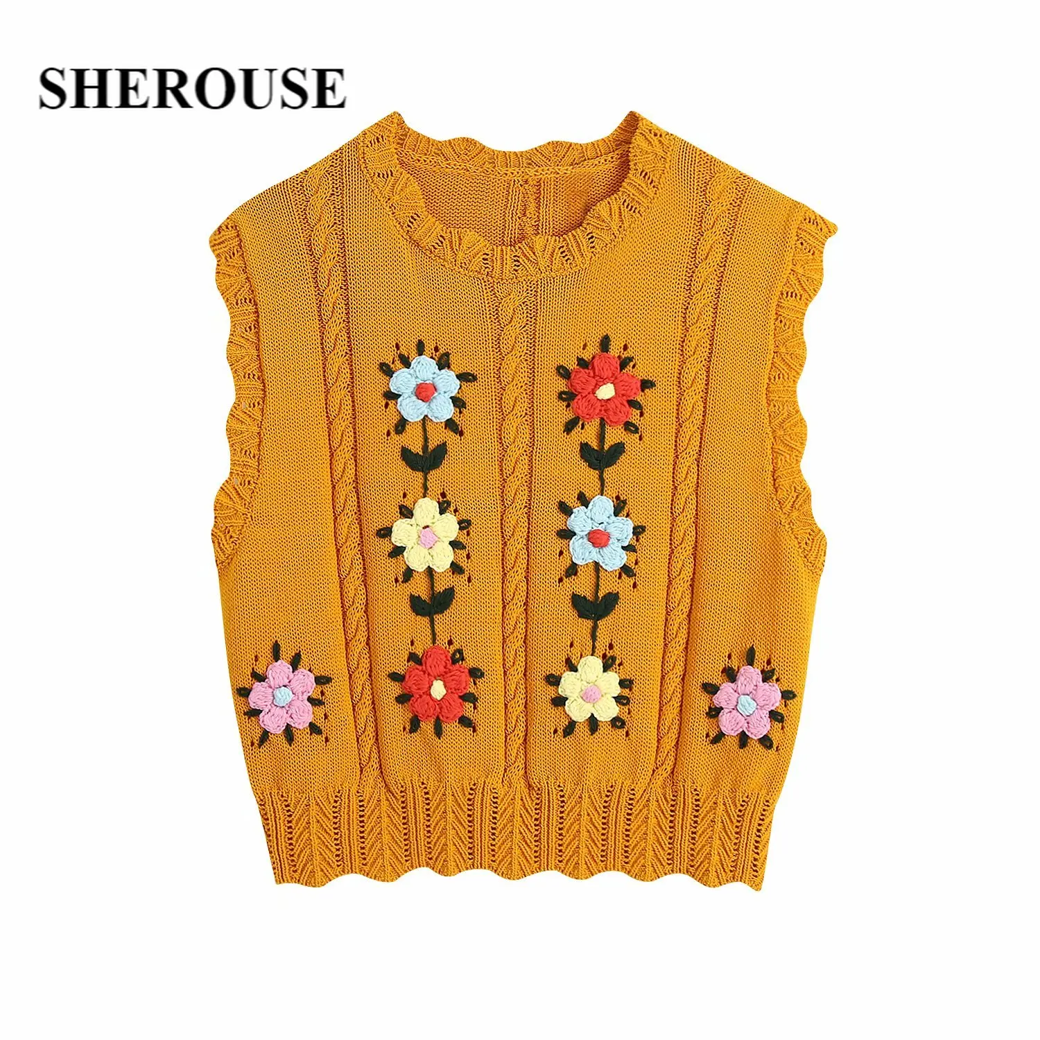 

2021 Summer Tops Women Knitted Floral Embroidery O-Neck Crop Top Chic Lady Fashion Casual Woman Vest