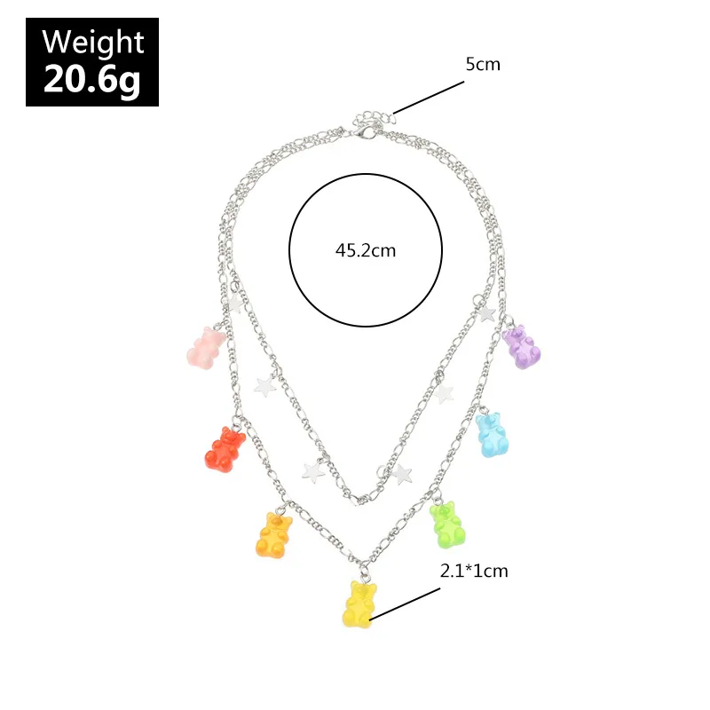 

7 Colors Cute Judy Cartoon Bear Star Necklace Punk Double Layer Candy Color Pendant for Women&Girl Choker Jewelry Party Gift