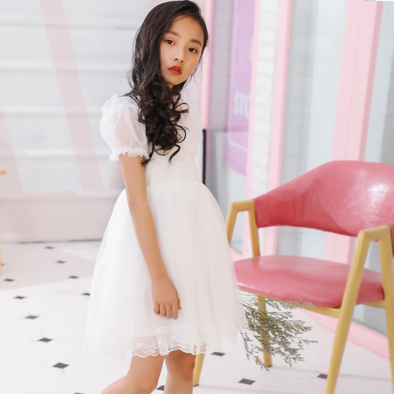 Girls Dress Short Sleeve Fairy Gauze White Wedding Flower Girl Lace Princess Veil Puff Kids Wear Vestidos Niña | Детская одежда и