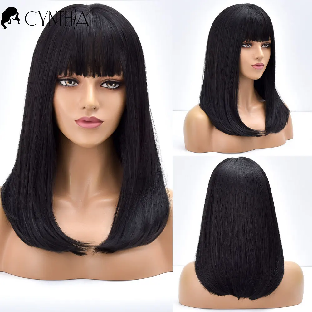 Длинные черные прямые парики с челкой для чернобелых женщин термостойкие волосы