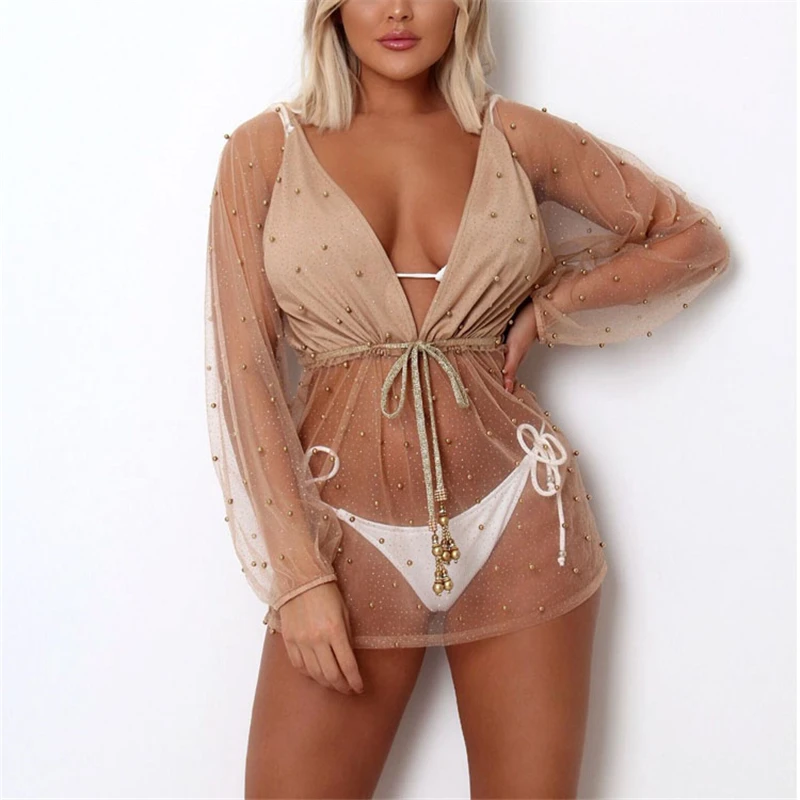 Сексуальное прозрачное мини платье с глубоким V образным вырезом модное бикини в