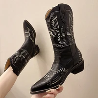 mid calf boots women pu ladies embroidery shoes long boots pointed toe female thick bottomn platform footwear 2021 new autumn