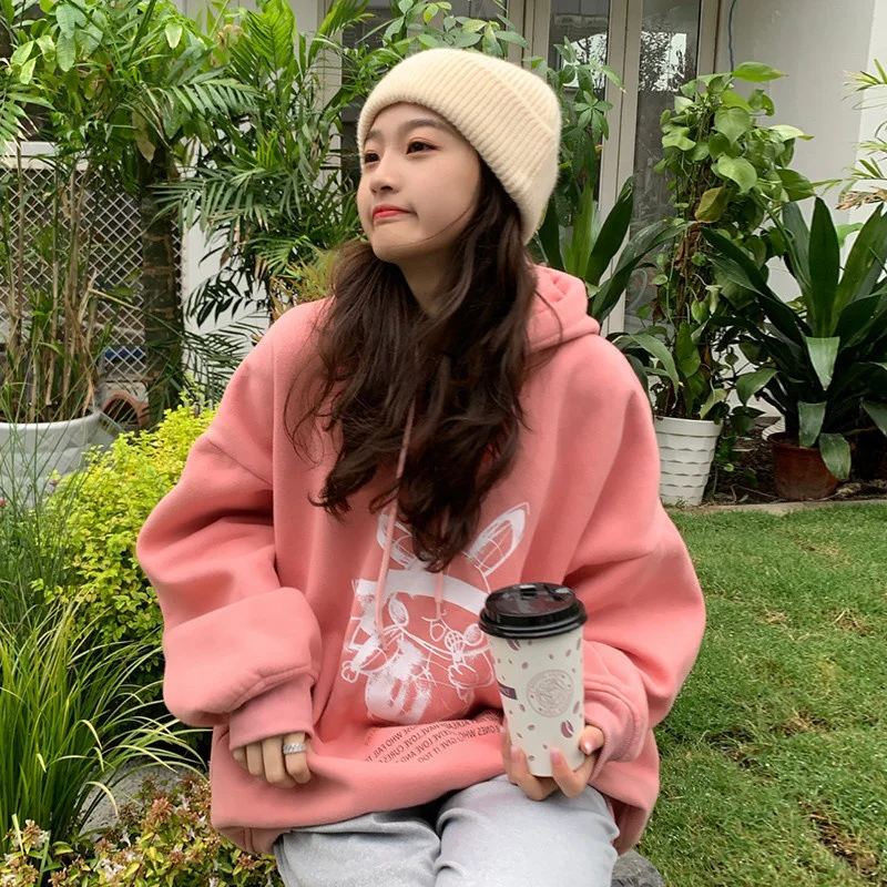 

CMAZ Winter 2021new Loose Korean Style Japanese Style Pink with Velvet Lining Thickened Hooded Sweatshirt Female Fall Winter Coa