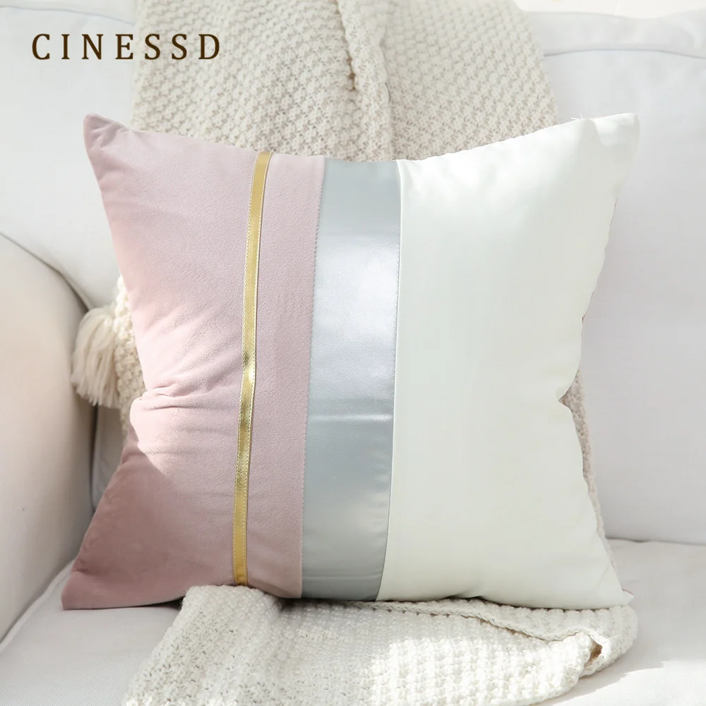 Роскошная бархатная комбинированная подушка с золотыми полосками наволочка для